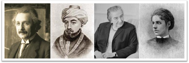 Rysunek 3. Sławni Żydzi. Od lewej : Albert Einstein, Maimonides, Golda Meir, Emma Lazarus